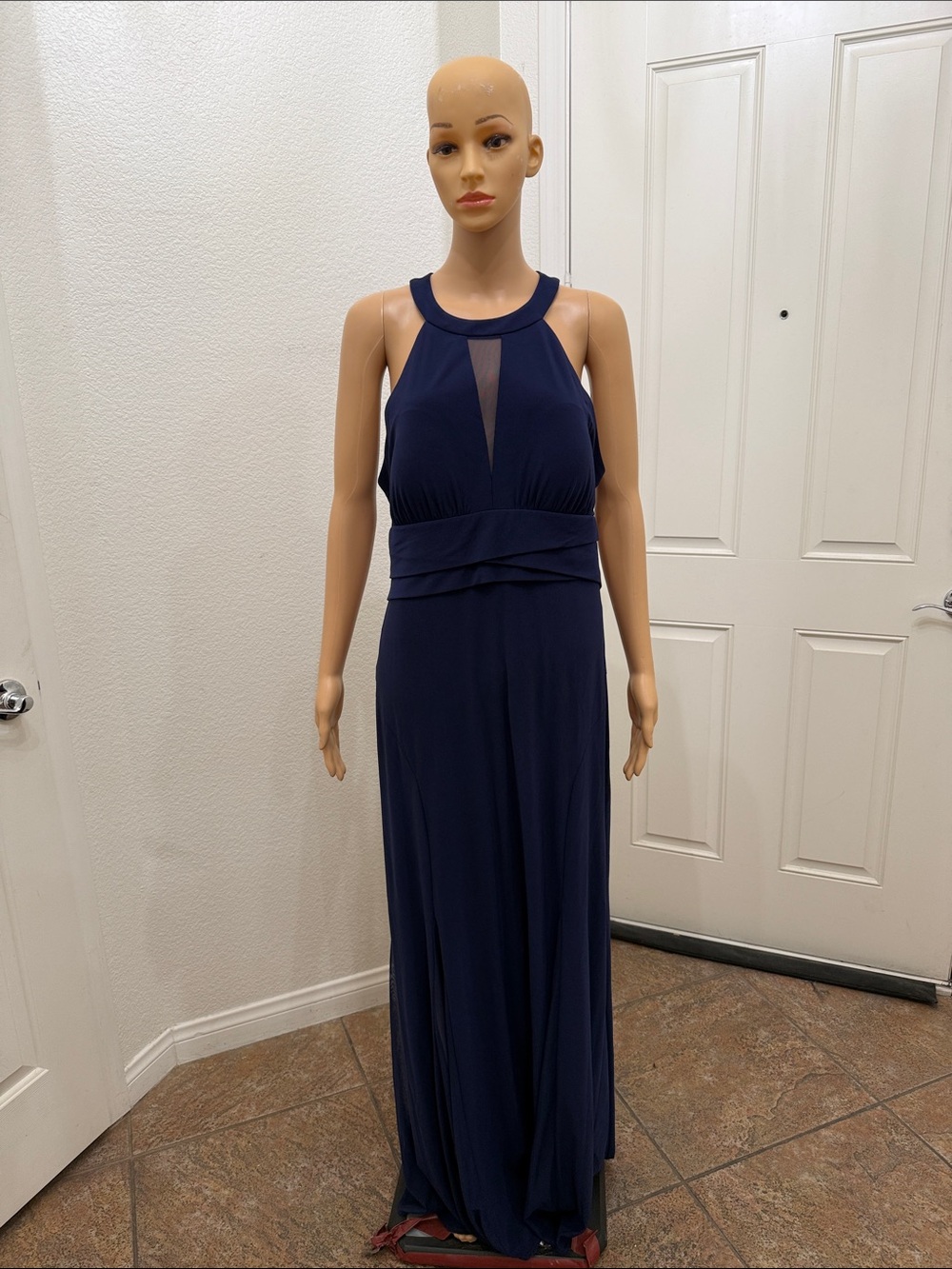 NW Nightway  16 Elegant Navy Blue Halter Maxi Dress Sheer V Inset Slimming Waist